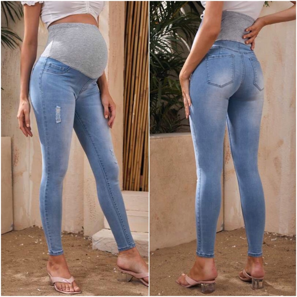 Maternity Wide Band Stretchy Waist Light Wash Distressed Denim Skinny Jeans - Picture 2 of 2